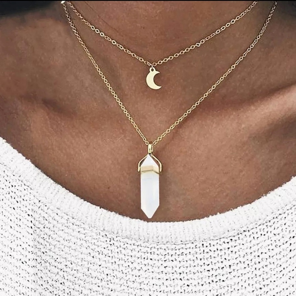 NEW Gold Layered Boho Faux Opal Moon Pendant Necklace